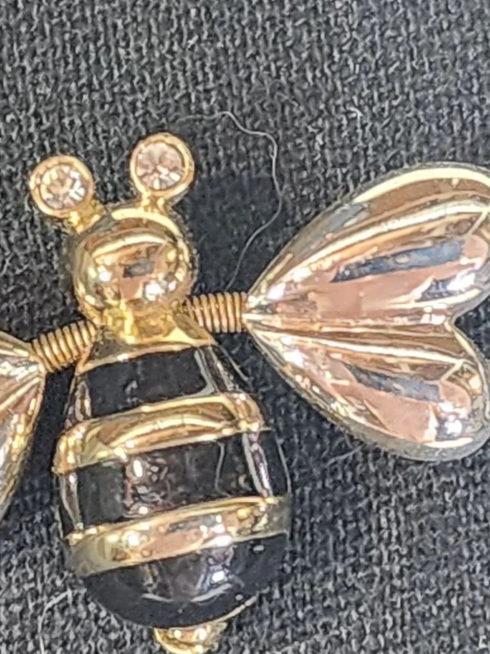 Mixed Metal Vintage Black Enamel Trembler Heart Winged w/Rhinestone Eyes Bee Pin